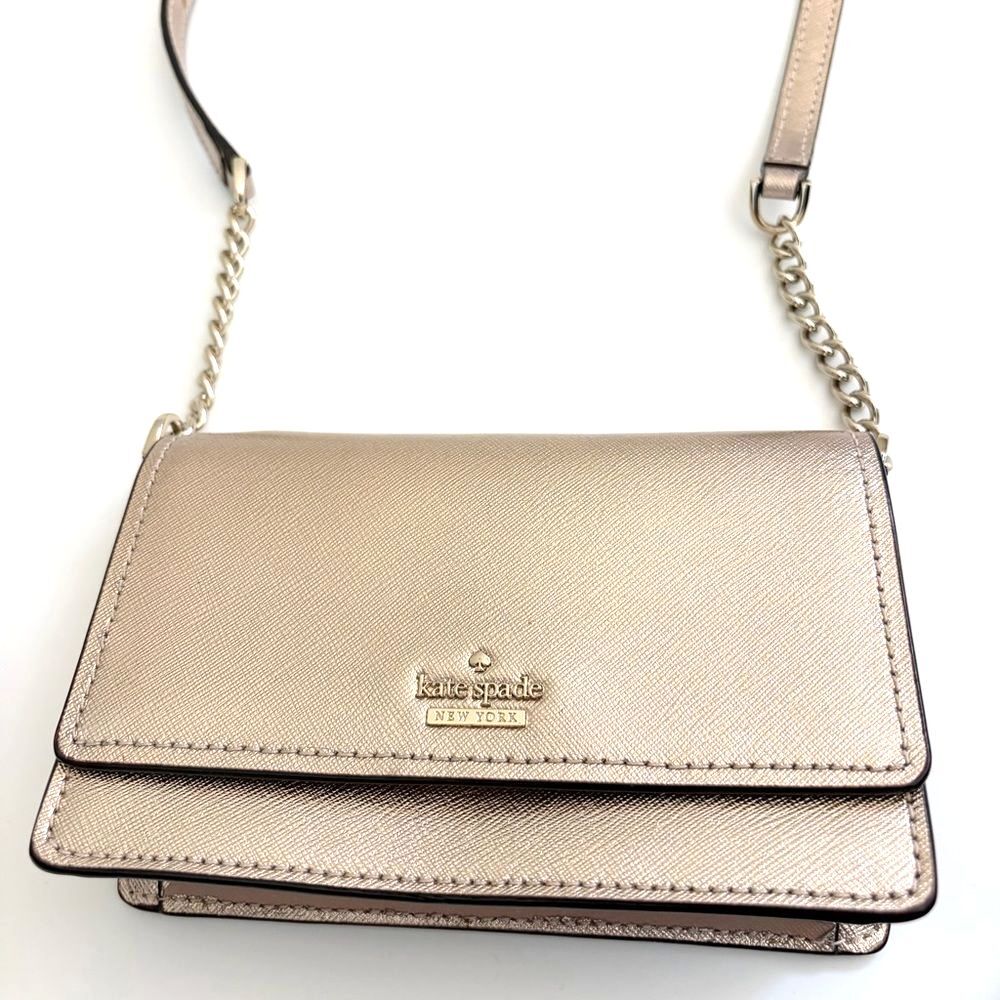 Kate Spade Rose Gold Metallic Leather Flap Crossbody Bag Chain Purse